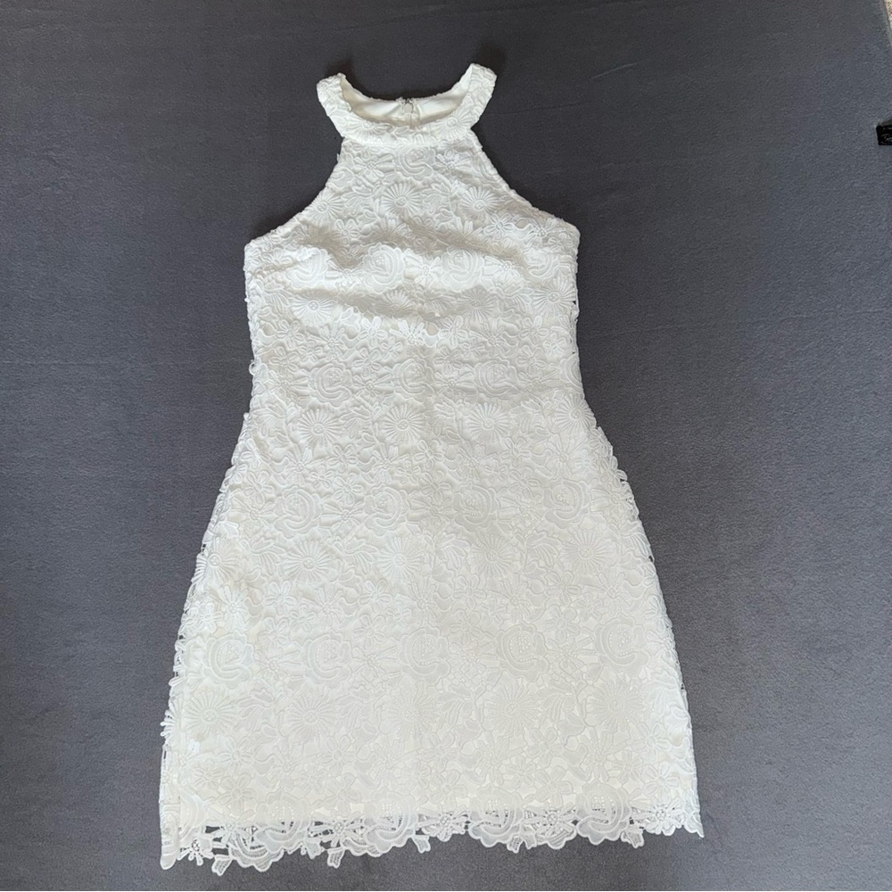 Lulu's Ivory Floral Lace Mini halter Dress lined Coastal Fairy Cottage Size M - Picture 8 of 13
